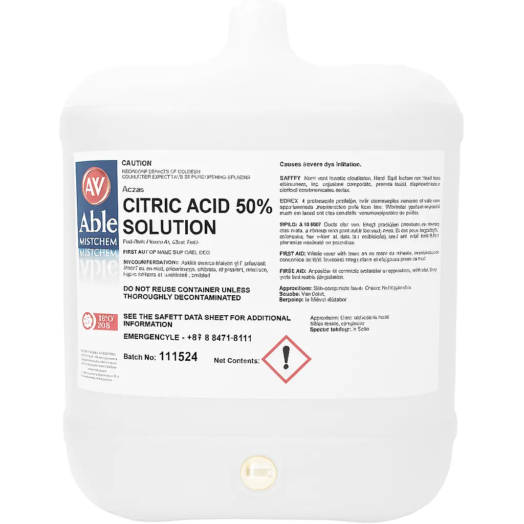 Citric Acid Solution 50% – 20L Drum | Descaling and Cleaning Agent