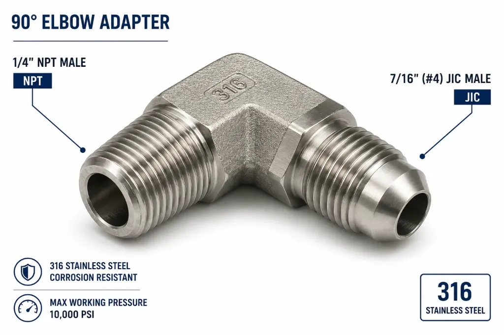 1/4" NPT Male x 7/16" JIC Male 90° Elbow Adapter – 316 Stainless Steel – 10,000 PSI