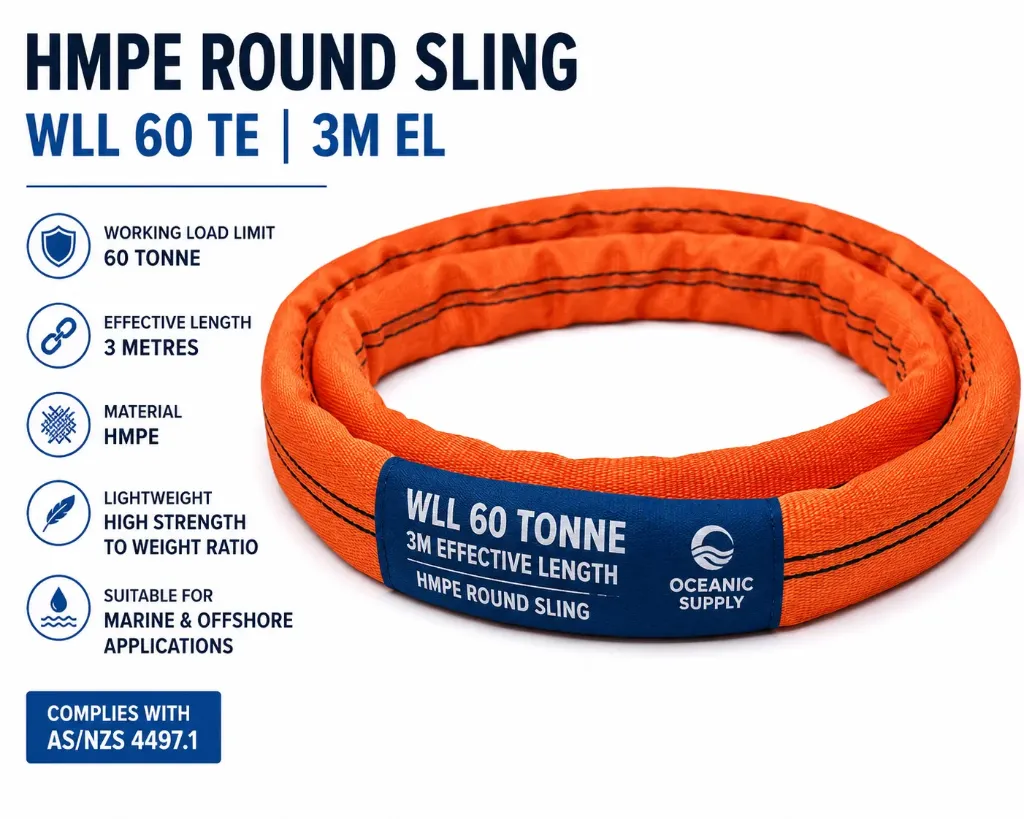 [HP 60T-3-T] HMPE High-Performance Round Sling – WLL 60 Tonne – 3m Effective Length
