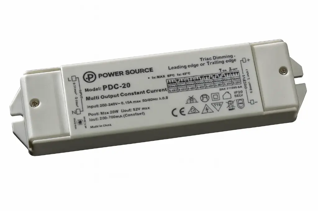 [PDC-40] Power Source 40W LED Driver – Selectable Constant Current (300–1400mA), 6–65V, AC Dimmable, IP20