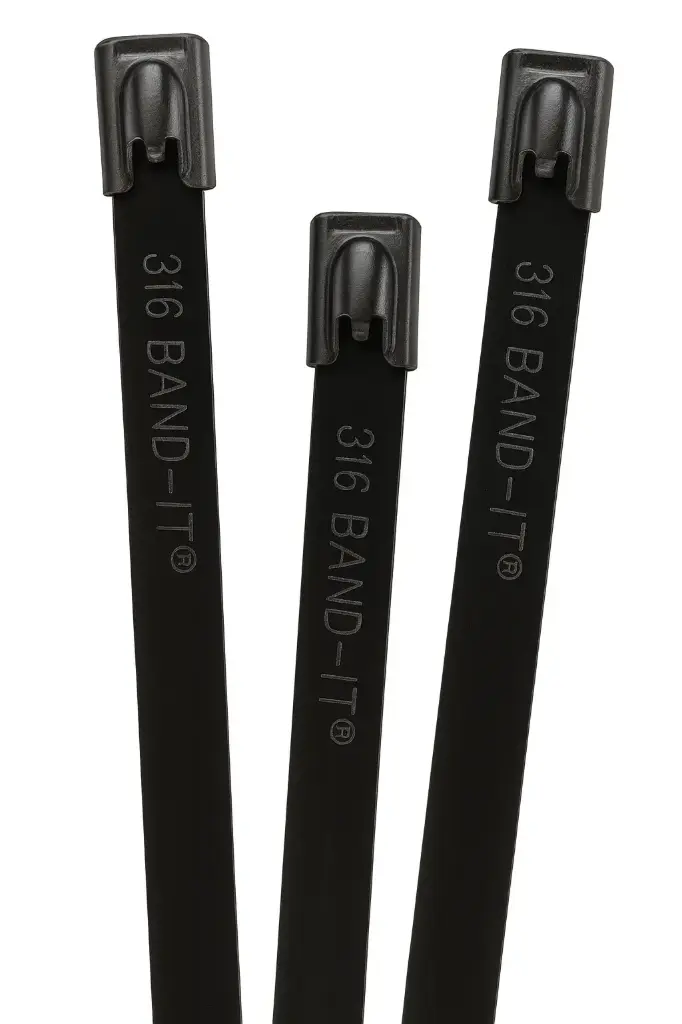 BAND-IT Ball-Lok Cable Ties 316 Stainless Steel Fully Coated with Black Epoxy - 100 per pack