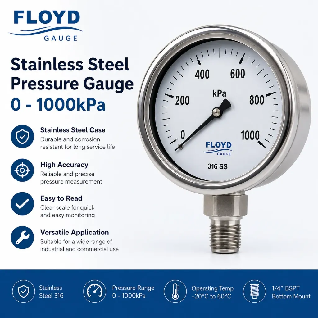 Floyd Gauge Stainless Steel Pressure Gauge 0-1000kPa – 100mm, 1/2" NPT Bottom Entry