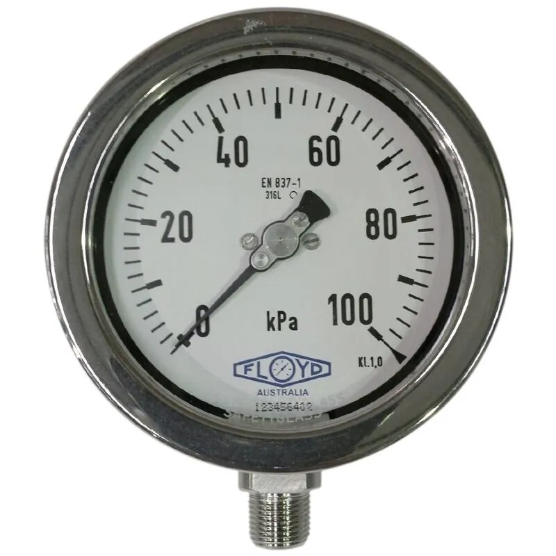 Floyd Gauge Stainless Steel Pressure Gauge 0–100 kPa – 100mm, 1/2" NPT Bottom Entry