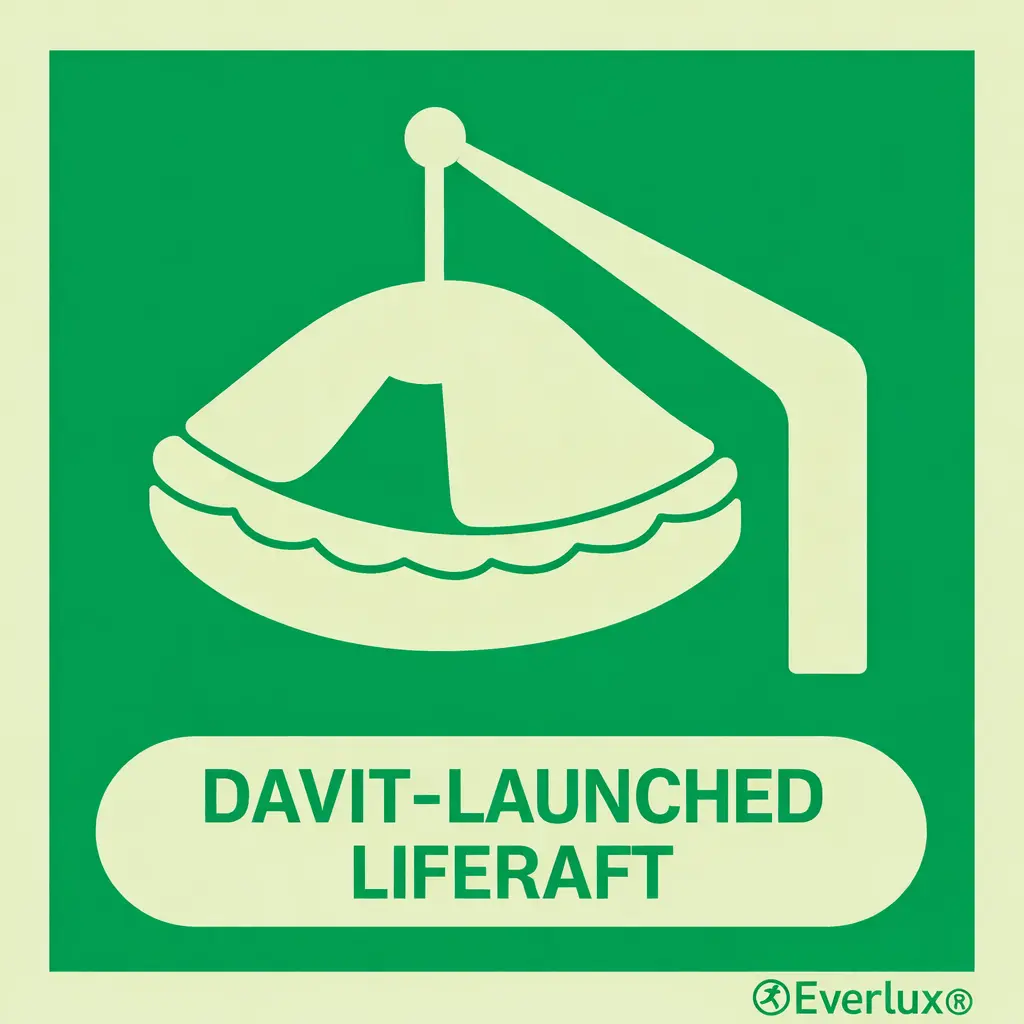IMO sign - "Davit launched Liferaft", 150x150mm, Photoluminescent self-adhesive vinyl
