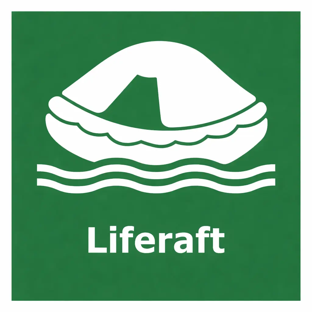 [4902JJPV] IMO sign - "Liferaft", 150x150mm, Photoluminescent self-adhesive vinyl