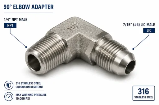 1/4" NPT Male x 7/16" JIC Male 90° Elbow Adapter – 316 Stainless Steel – 10,000 PSI